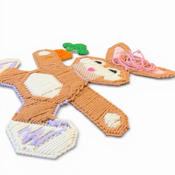 Vtg Finished Plastic Canvas Wall Hanging Easter Bunny Rabbit with Carrot 12"x9" - Picture 4 of 7